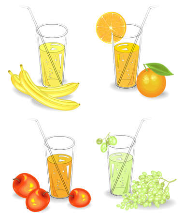 Collection. Glasses of natural fruit juice banana, orange, grapes, apple. Vector illustration setのイラスト素材