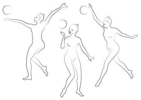Collection. Silhouette of slender lady. Girl gymnast. The woman is flexible and graceful. She plays the ball. Graphic image. Vector illustration set.のイラスト素材
