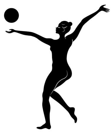 Silhouette of slender lady. The girl plays the ball. Female gymnast. Graphic image. Vector illustration.のイラスト素材