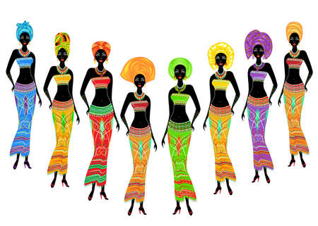 A collection of beautiful African American ladies. Girls have bright clothes, a turban on their heads. Women are young and slim. Vector illustration set.のイラスト素材