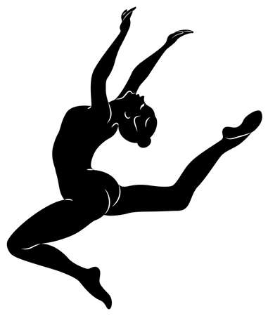Silhouette of slender lady. Girl gymnast. The woman is flexible and graceful. She is jumping. Graphic image. Vector illustration.のイラスト素材