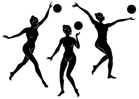 Collection. Silhouette of slender lady. Girl gymnast. The woman is flexible and graceful. She plays the ball. Graphic image. Vector illustration set.のイラスト素材