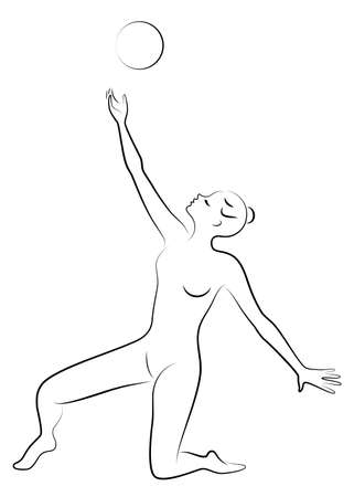 Silhouette of slender lady. The girl plays the ball. Female gymnast. Graphic image. Vector illustrationのイラスト素材