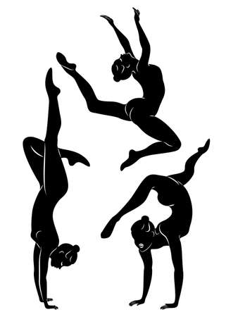 Collection. Silhouette of slender lady. Girl gymnast. The woman is flexible and graceful. She is jumping. Graphic image. Vector illustration seのイラスト素材