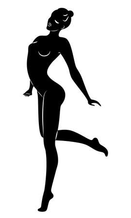 Silhouette of slender lady. Girl gymnast. The woman is flexible and graceful. She is jumping. Graphic image. Vector illustratiのイラスト素材