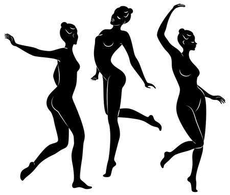 Collection. Silhouette of slender lady. Girl gymnast. The woman is flexible and graceful. She is jumping. Graphic image. Vector illustration set.のイラスト素材