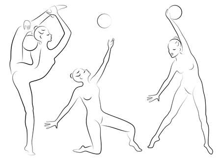 Collection. Silhouette of slender lady. Girl gymnast. The woman is flexible and graceful. She plays the ball. Graphic image. Vector illustration set.のイラスト素材