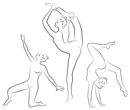 Collection. Silhouette of slender lady. Girl gymnast. The woman is flexible and graceful. She is jumping. Graphic image. Vector illustration set.のイラスト素材