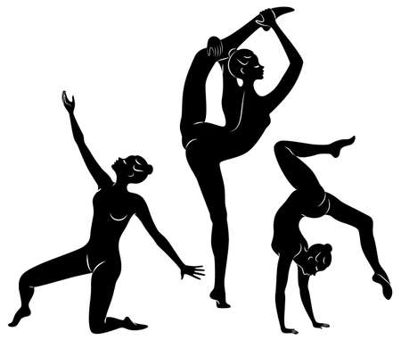 Collection. Silhouette of slender lady. Girl gymnast. The woman is flexible and graceful. She is jumping. Graphic image. Vector illustration setのイラスト素材