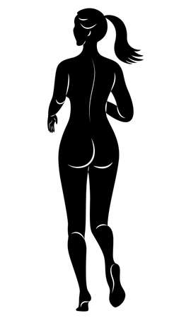 Silhouette of slender lady. The girl is running. The woman goes in for sports, strengthens health. Back view. Vector illustration.のイラスト素材