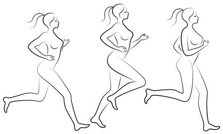 Collection. Silhouette of slender lady. The girl is running. The woman goes in for sports, strengthens health. Vector illustration set.のイラスト素材