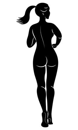 Silhouette of slender lady. The girl is running. The woman goes in for sports, strengthens health. Back view. Vector illustration.のイラスト素材