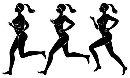 Collection. Silhouette of slender lady. The girl is running. The woman goes in for sports, strengthens health. Vector illustration set.のイラスト素材