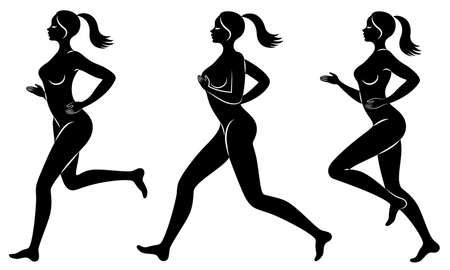 Collection. Silhouette of slender lady. The girl is running. The woman goes in for sports, strengthens health. Vector illustration setのイラスト素材
