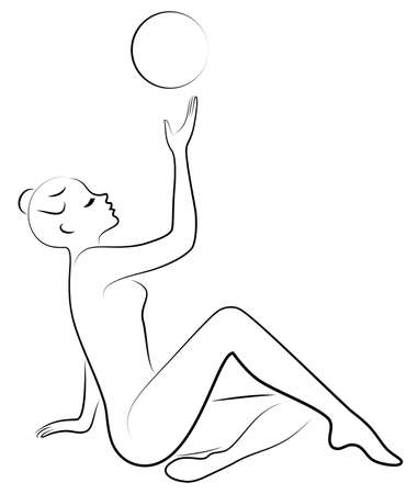 Silhouette of slender lady. The girl plays the ball. Female gymnast. Graphic image. Vector illustrationのイラスト素材