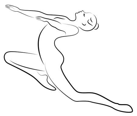 Silhouette of slender lady. Girl gymnast. The woman is flexible and graceful. She is jumping. Graphic image. Vector illustration.のイラスト素材