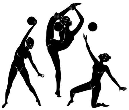 Collection. Silhouette of slender lady. Girl gymnast. The woman is flexible and graceful. She plays the ball. Graphic image. Vector illustration setのイラスト素材