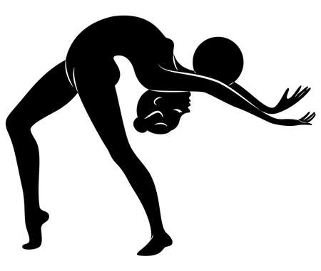 Silhouette of slender lady. The girl plays the ball. Female gymnast. Graphic image. Vector illustrationのイラスト素材