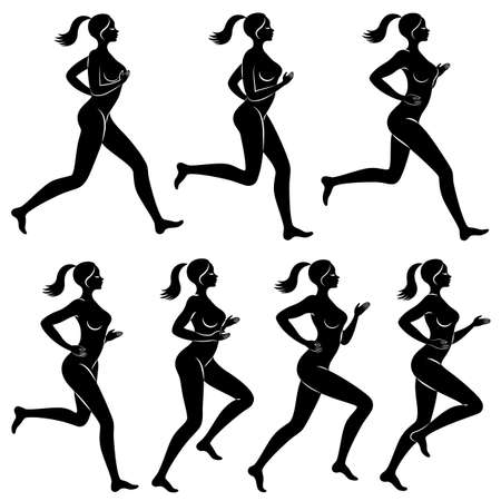 Collection. Silhouette of slender lady. The girl is running. The woman goes in for sports, strengthens health. Vector illustration set.のイラスト素材