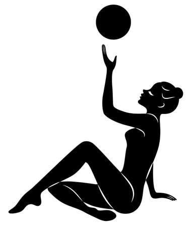 Silhouette of slender lady. The girl plays the ball. Female gymnast. Graphic image. Vector illustration.のイラスト素材