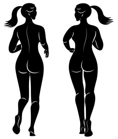 Collection. Silhouette of slender lady. The girl is running. The woman goes in for sports, strengthens health. Back view. Vector illustration set.のイラスト素材
