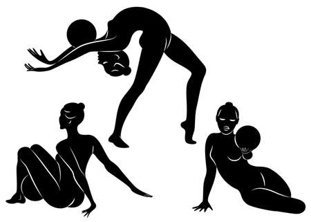 Basic RGB Collection. Silhouette of slender lady. Girl gymnast. The woman is flexible and graceful. She plays the ball. Graphic image.のイラスト素材