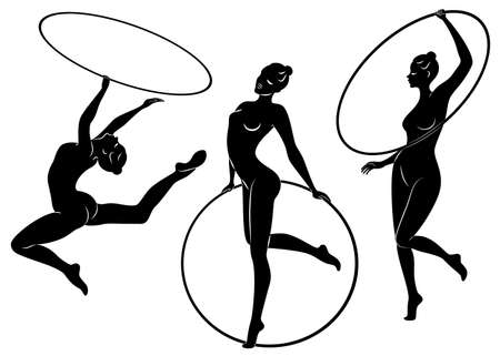 Collection. Rhythmic gymnastics. Silhouette of a girl with a hoop. Beautiful gymnast.のイラスト素材