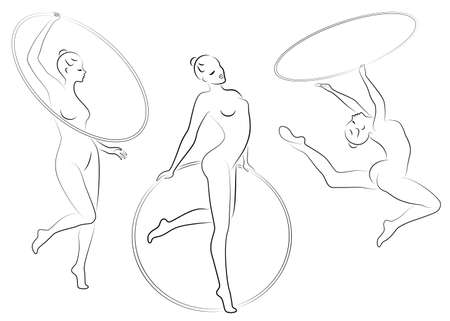 Collection. Rhythmic gymnastics. Silhouette of a girl with a hoop. Beautiful gymnast.のイラスト素材