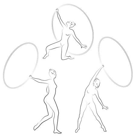 Collection. Rhythmic gymnastics. Silhouette of a girl with a hoop. Beautiful gymnast. The woman is slim and youngのイラスト素材