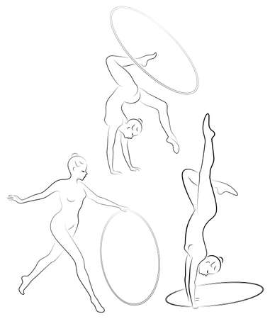 Collection. Rhythmic gymnastics. Silhouette of a girl with a hoop. Beautiful gymnast.のイラスト素材