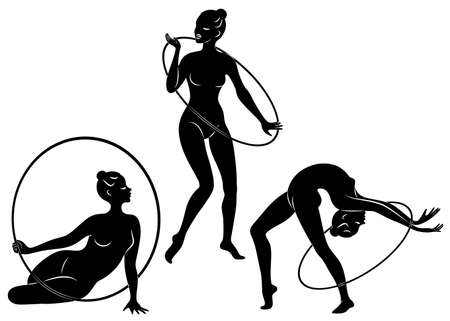 Collection. Rhythmic gymnastics. Silhouette of a girl with a hoop. Beautiful gymnast. The woman is slim and young. Vector illustation set.のイラスト素材