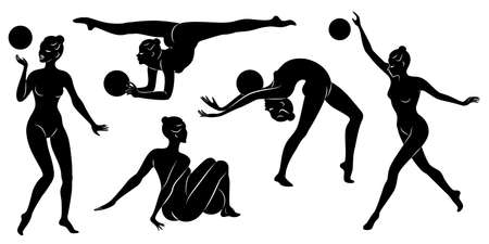 Collection. Rhythmic gymnastics. Silhouette of a girl with a hoop. Beautiful gymnast.のイラスト素材