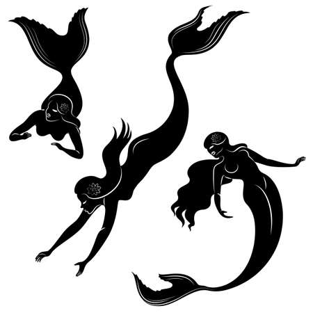 Collection. Silhouette of a mermaid. Beautiful girl swims in the water.のイラスト素材