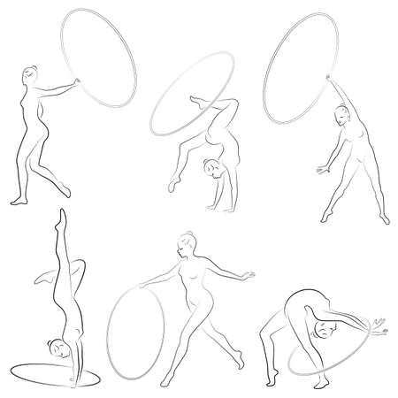 Collection. Rhythmic gymnastics. Silhouette of a girl with a hoop.のイラスト素材