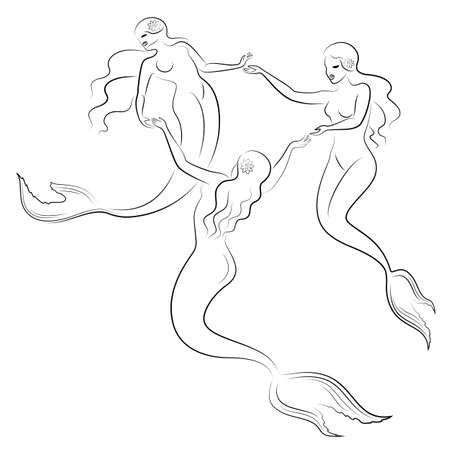 Silhouette three mermaids. Beautiful girls swim in the water, dance.のイラスト素材
