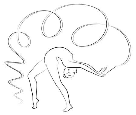 Rhythmic gymnastics. Silhouette of a girl with a ribbon. Beautiful gymnast. The woman is slim and young. Vector illustration.のイラスト素材