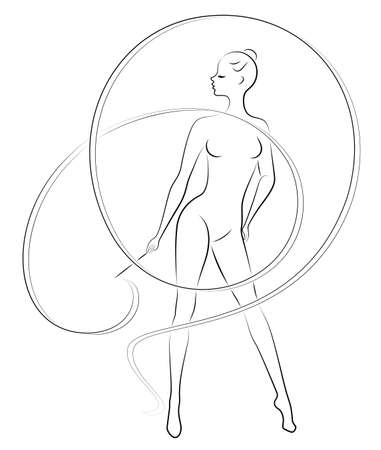Rhythmic gymnastics. Silhouette of a girl with a ribbon. Beautiful gymnast. The woman is slim and young. Vector illustration.のイラスト素材