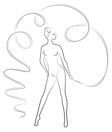 Rhythmic gymnastics. Silhouette of a girl with a ribbon. Beautiful gymnast. The woman is slim and young. Vector illustrationのイラスト素材