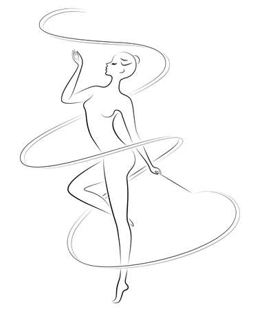 Rhythmic gymnastics. Silhouette of a girl with a ribbon. Beautiful gymnast. The woman is slim and young. Vector illustration.のイラスト素材