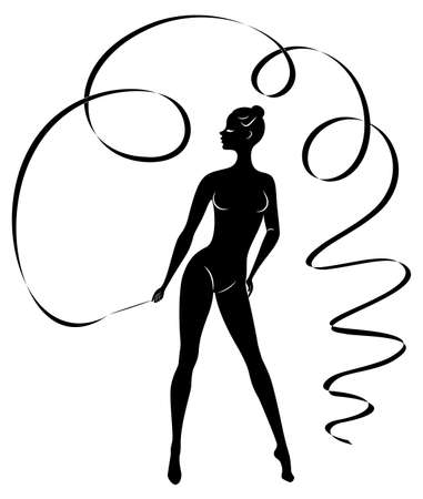 Rhythmic gymnastics. Silhouette of a girl with a ribbon. Beautiful gymnast. The woman is slim and young. Vector illustrationのイラスト素材