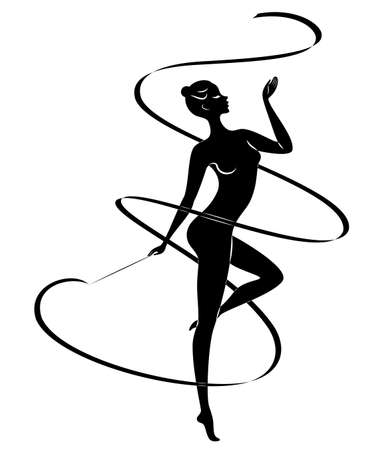 Rhythmic gymnastics. Silhouette of a girl with a ribbon. Beautiful gymnast. The woman is slim and young. Vector illustration.のイラスト素材