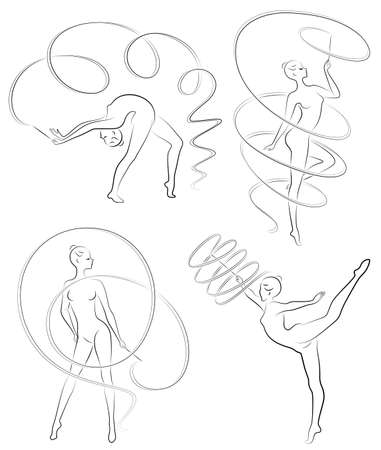 Collection. Rhythmic gymnastics. Silhouette of a girl with a ribbon. Beautiful gymnast. The woman is slim and young. Vector illustration setのイラスト素材