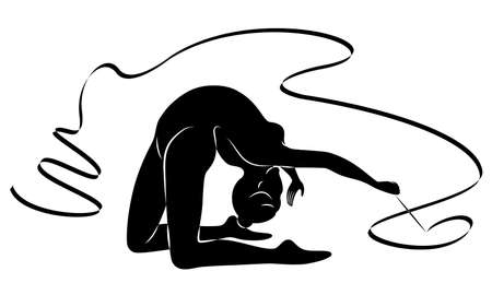 Rhythmic gymnastics. Silhouette of a girl with a ribbon. Beautiful gymnast. The woman is slim and young. Vector illustration.のイラスト素材