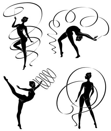 Collection. Rhythmic gymnastics. Silhouette of a girl with a ribbon. Beautiful gymnast. The woman is slim and young. Vector illustration setのイラスト素材