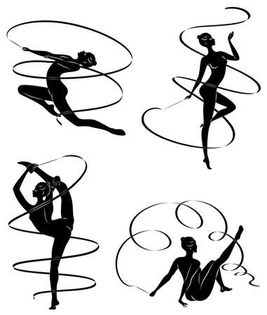 Collection. Rhythmic gymnastics. Silhouette of a girl with a ribbon. Beautiful gymnast. The woman is slim and young. Vector illustration set.のイラスト素材