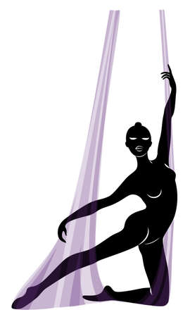 Fly yoga. Yoga on the hammock. Silhouette of a slender girl who goes in for sports, meditation. Good for your health. Vector illustration.のイラスト素材