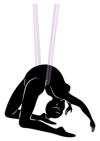 Fly yoga. Yoga on the hammock. Silhouette of a slender girl who goes in for sports, meditation. Good for your health. Vector illustration.のイラスト素材