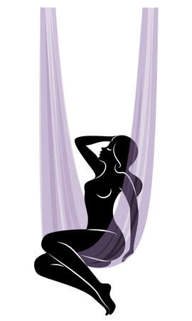 Fly yoga. Yoga on the hammock. Silhouette of a slender girl who goes in for sports, meditation. Good for your health. Vector illustrationのイラスト素材