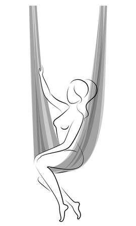 Fly yoga. Yoga on the hammock. Silhouette of a slender girl who goes in for sports, meditation. Good for your health. Vector illustrationのイラスト素材