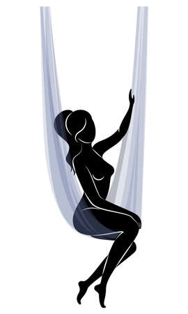 Fly yoga. Yoga on the hammock. Silhouette of a slender girl who goes in for sports, meditation. Good for your health. Vector illustrationのイラスト素材